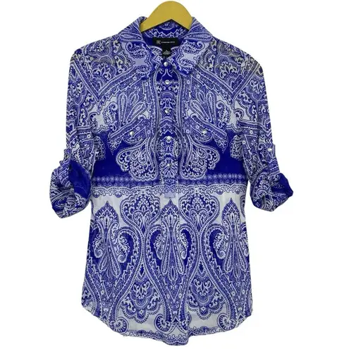 VTG Y2K Fairy Grunge Paisley Mesh Button Front Top Large White Blue Long Sleeve