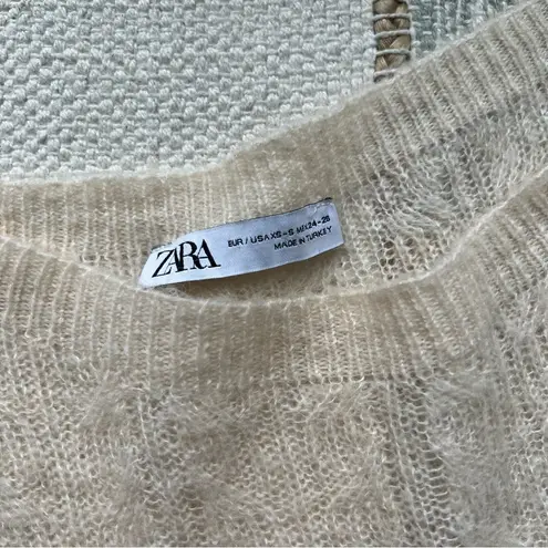 ZARA  Beige Pointelle Wool Blend Boat Neck Oversized Pullover Sweater XS-S