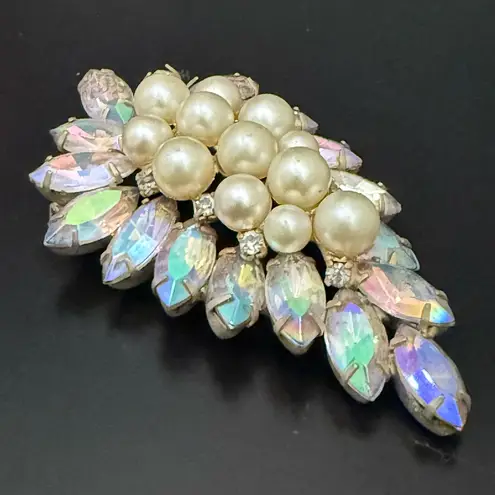 Vintage Aurora Borealis Marquise Rhinestones Faux Pearl Silver