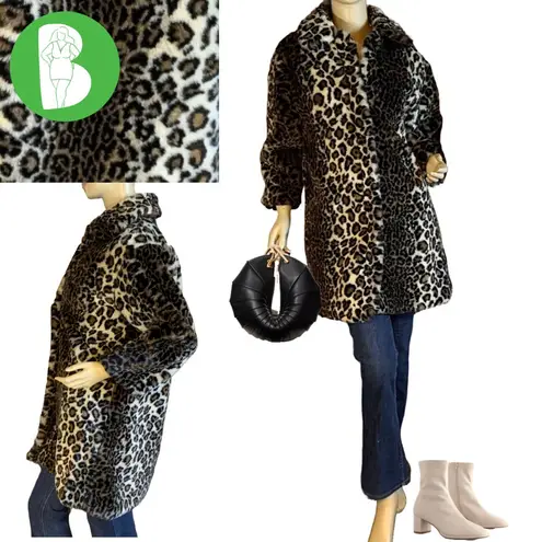 VINTAGE 1980'S BEBE NOSH BLACK & TAN ANIMAL PRINT FAUX FUR COAT (M) Size M