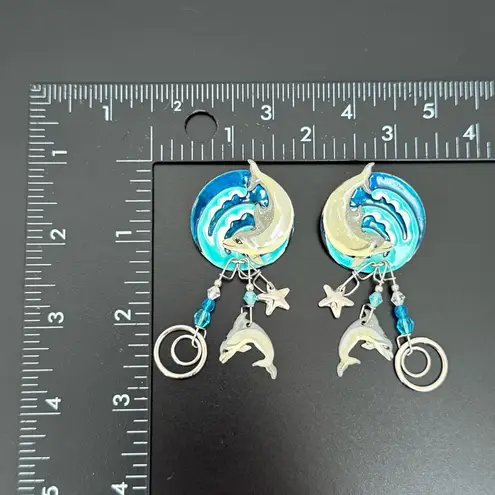 Rare LUNCH At The RITZ Blue Dolphin Dance Dangle Whimsical Earrings 17g.