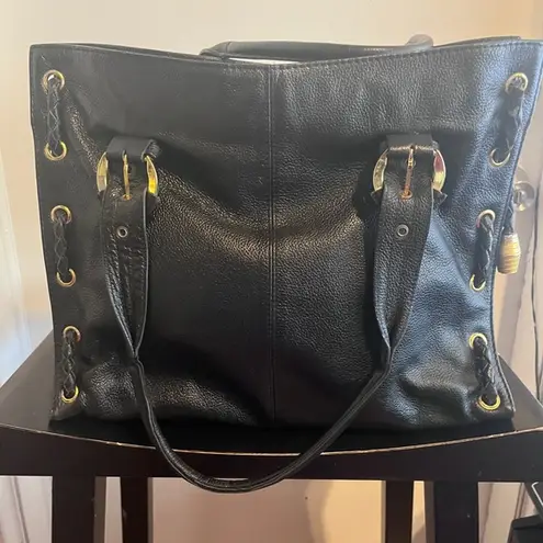 A.P.C.Elegant Black Leather Tote Bag With Brass Accents.