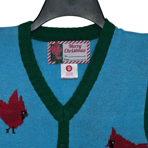Merry Christmas Woman's Sweater Vest V Neck Cardinal Button Down Size Small