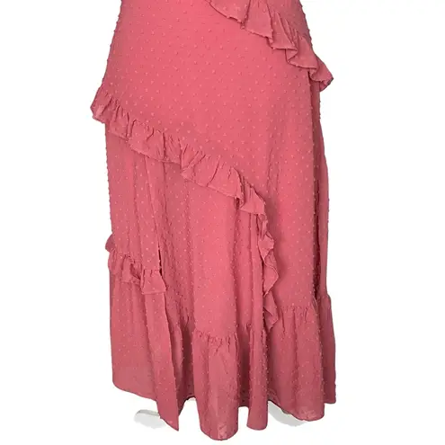 Lulus Next To You Rusty Rose Swiss Dot Ruffle Dress Women’s Size S Side Slit Pink