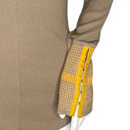 Free People  Shirt Women Small Taupe Yellow‎ Mod Stripe Cuff Thermal Top Bohemian