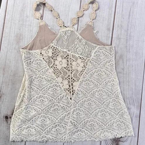 BKE Ivory Mixed Crochet Lace Asymmetric Racerback Cami Tank Boutique Fairy Boho