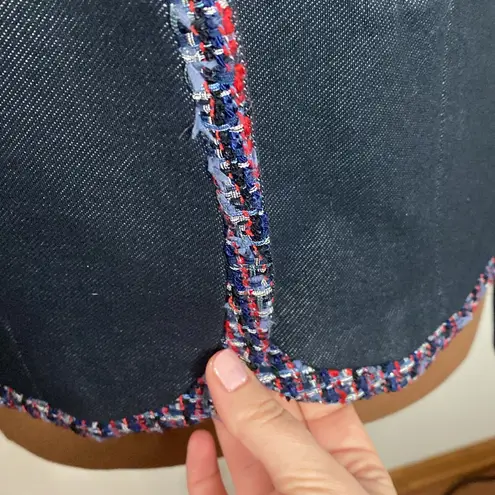 7th Avenue New York & Co denim like tweed ribbon trimmed tailored blazer size S Blue