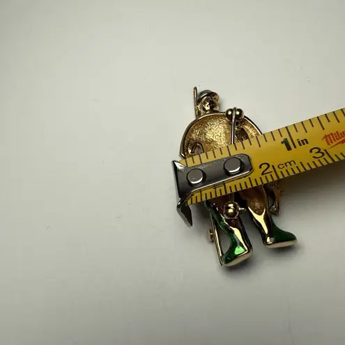 Fisherman Rhinestone Brooch Pin Gold Tone Man Fishing Green Enamel Overalls