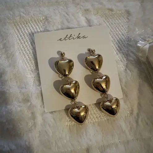 Ettika Gold Tone Triple Heart Dangle Drop Statement Earrings