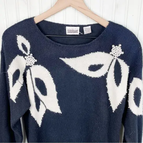 Vintage 80s 90s Country Suburbans Sweater Black Ivory Pearl Beading Size Small