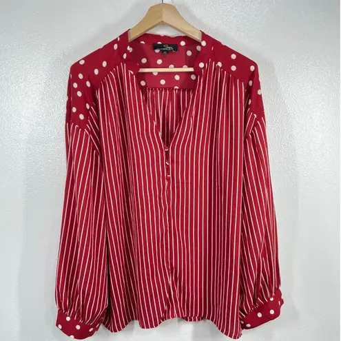 Suzanne Betro Blouse Top Red White Striped Polka Dot Long Sleeve 2X