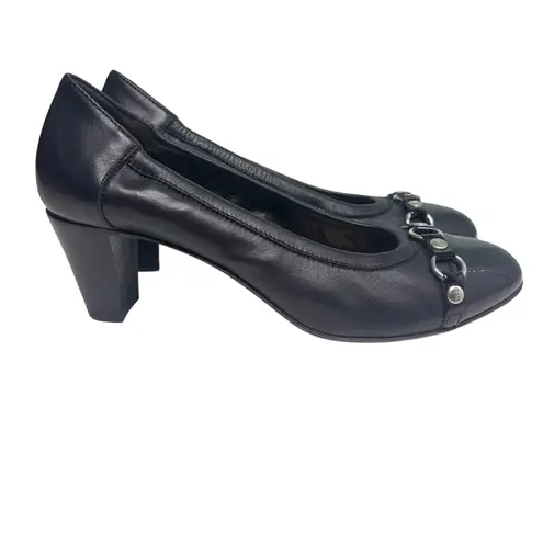 AGL Black Patent Leather Cap Toe Block Heel Pump 39.5 Size 9.5
