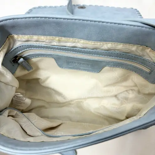 Hayden Harnett crossbody bag in a light blue shade with whipstitch detailing