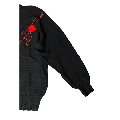 NEW Vtg Womens Crystal Kobe Black Red Roses Silk Angora Batwing Sweater 80s 90s Size L