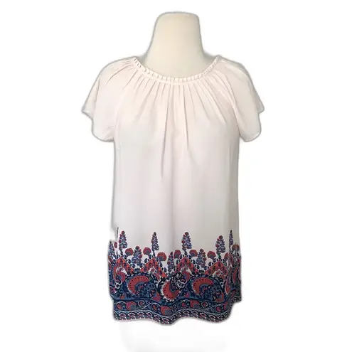 LOFT Fan Floral Light Pink Crewneck Blouse Short Sleeve Lightweight Top Sz S