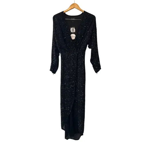 Retrofete Black Sequin Jasmine Wrap Midi Dress NWT Size Small