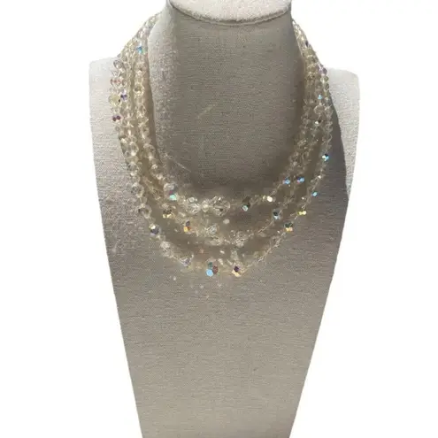 Vintage 3 Strand AB Aurora Borealis Crystal Faceted Beads Style Necklace 15.5” White
