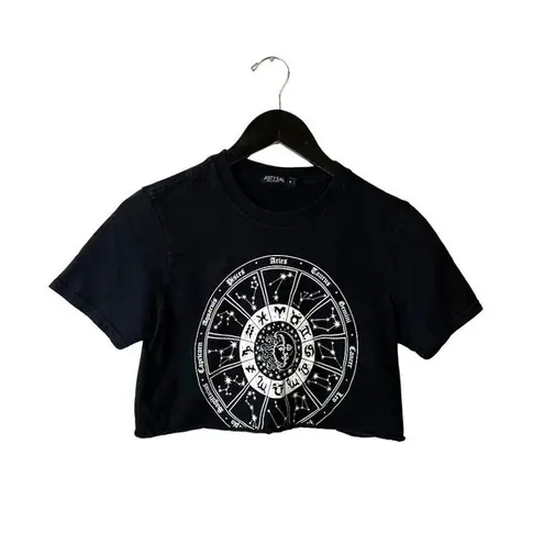 Zodiac  Signs T Shirt Womens Black Small S Crop Top Raw Hem Constellation Cotton