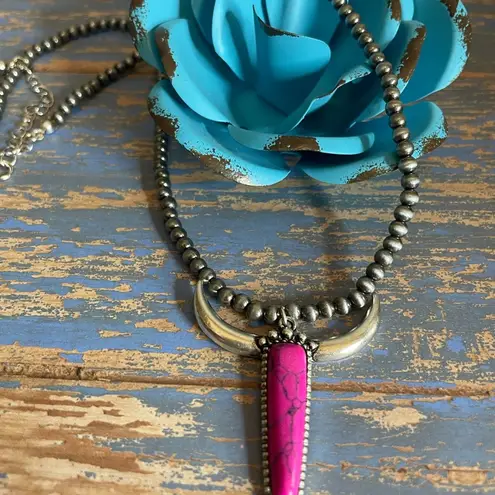 New Pink and Silver Longhorn Pendant on 18” Beaded Navajo Style Chain