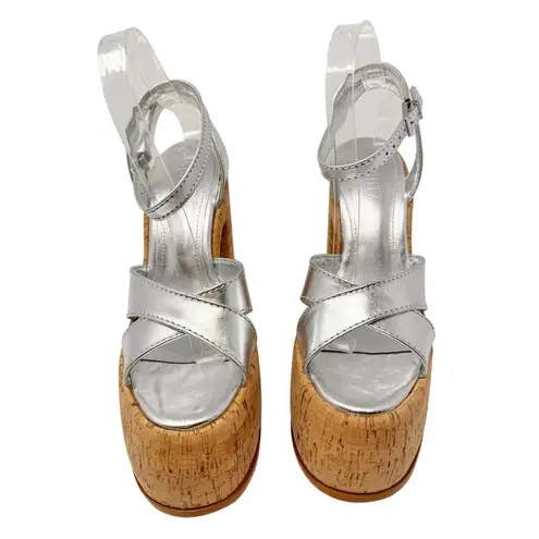 Schutz NEW Pattie Metallic Leather Platform Sandal Chunky Heel Silver US 8.5