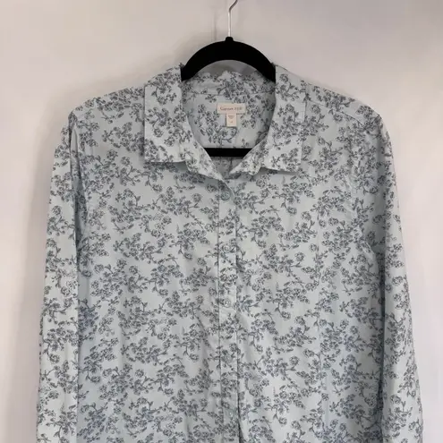 Garnet Hill Button Front Shirt Womens 12 Blue Floral Organic Cotton Feminine
