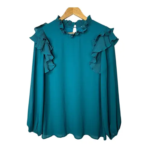 JODIFL Pleated Ruffle Bubble Sleeve Teal Blue Blouse Women Size Medium