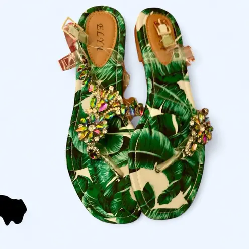 Green and cream tropical leaf sandals w rhinestone brooch Elya approx 7 unsized