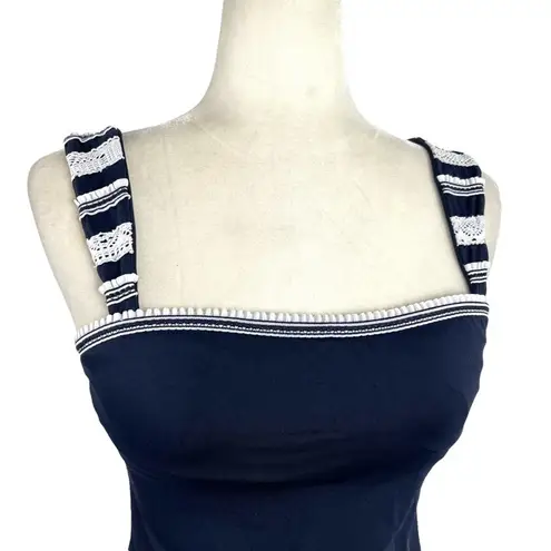 Becca Women's Size Small Floral Embroidered Crochet Strap Navy Tankini Swim Top