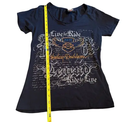 Harley Davidson Size S Live To Ride Rhinestone Bedazzled Tee Black AOP Bling
