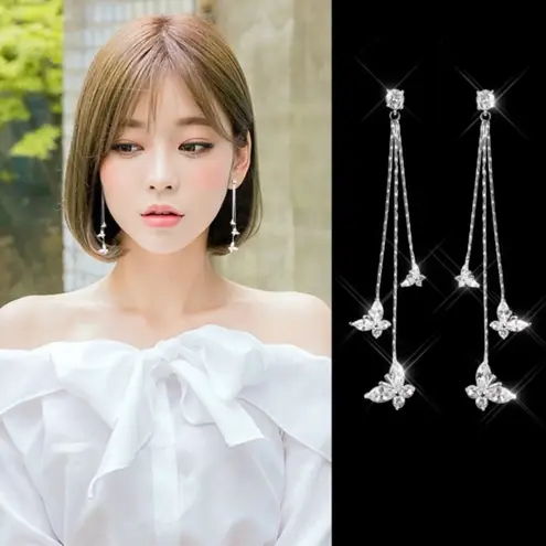925 Silver Needle Crystal Butterfly Long Tassel Dangle Drop Earrings for Women