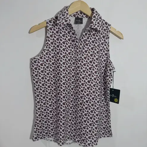 NWT Belyn Key Cutaway Sleeveless Golf Polo Tank Stem Floral White Pink Small