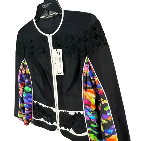 Fuego Woman Jacket Womens 8 Black Multicolor Mixed Media Full Zip Artsy Chic NEW