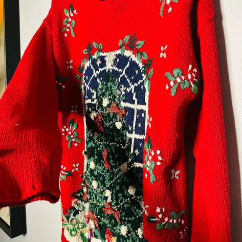 Vintage 90s Metropolitan New York Red Ugly Tree Bows Candy Cane Sweater Size S