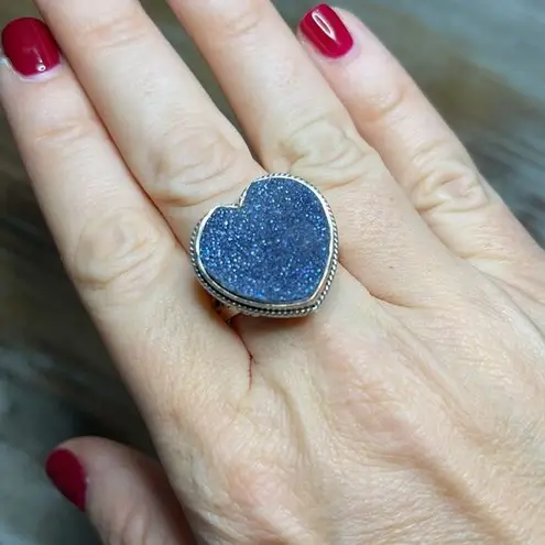 Vintage Blue SAJEN  Druzy Heart Shaped Stone 925 SS Size 12