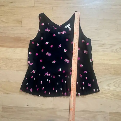 Rebecca Taylor  Floral V-Neck Tank Top Pleated Hem Black Pink‎ Size 8 Silk blend