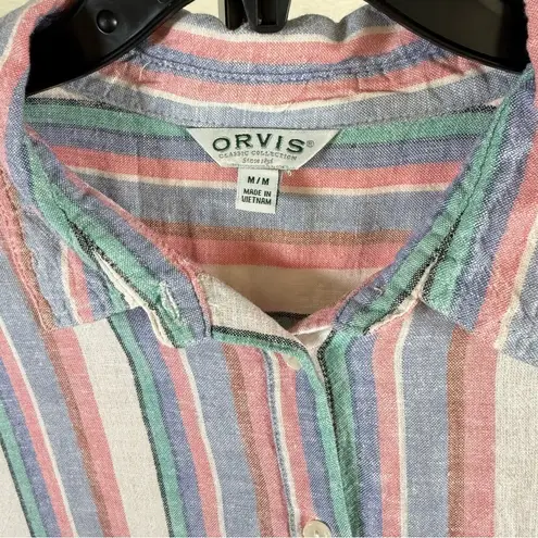 Orvis Multicolor Striped Linen Button Down Coastal Oversized Relaxed Fit Summer