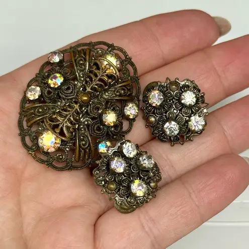 Antique AB Rhinestone Filigree Brooch + Clip On Earrings Set Germany 1920s Gold