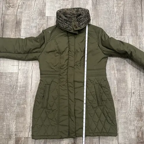 prAna Olive Green Quilted Winter Coat Knit Collar Women's Size Large Zip Buttons