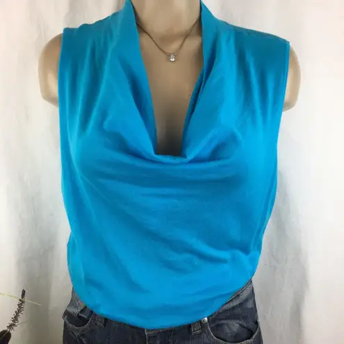 Magaschoni Blue Knit Sleeveless Drape Neck Top L