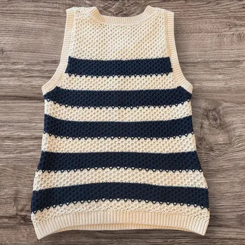 Evereve Clarissa Sweater Tank Crochet Ribbed Knit Striped M Cream & Navy Blue