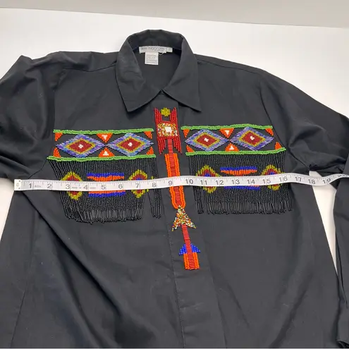 Lew Magram Womens Size 8 Black Retro Beaded Fringe Shirt Western Aztec Indian