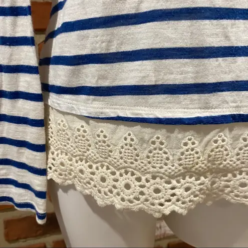 Anthropologie Anthro Little Yellow Button Crochet Lace Chambray stripe Top Sz S long sleeve