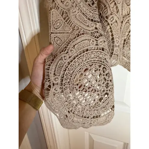 Ultra Pink Beige/Pink Crochet Lace Mock Neck Bell Sleeve Top Women's Size S