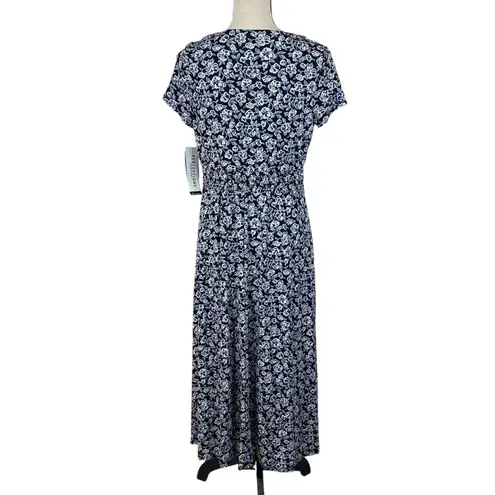 Perceptions NY SZ 8 A-Line Midi Dress Floral Cap Sleeve Empire Waist V-Neck Blue