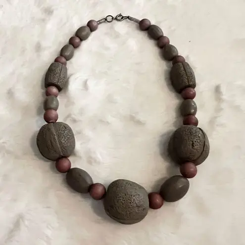 3 Vintage 90’s Necklaces: Black Glass Heart, Neutral Metal Plate, & Gray Walnut