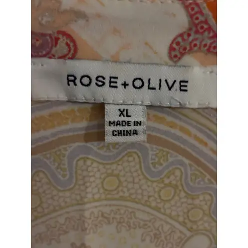 Rose Olive Paisley Print V Neck Long Sleeve Blouse Womens XL Peach Pink Orange