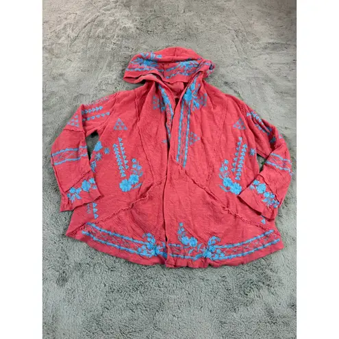 CAITE Sia Jacket Tampa Bay Coral Embroidered Hooded Open Front Cardigan Small Red
