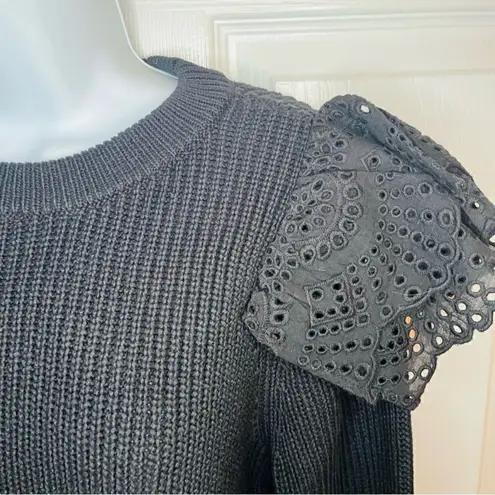 LILLA P Eyelet Ruffle Shoulder Trimmed Crew Neck Ribbed Sweater Black L Black Size L