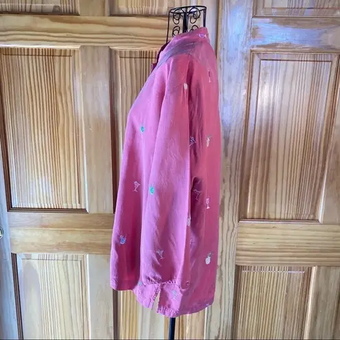 Vintage Bobby Chan Women's Pink Tropical Drink Embroidery Silk Top Size Large