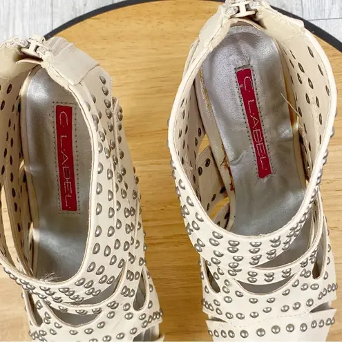 C Label Jocelyn 66 Studded Platform Bootie Heels Bone Cream 8 Peep Toe Silver